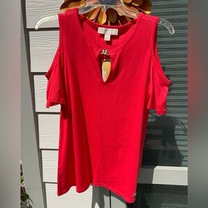 NWT MICHAEL Michael Kors Red Cold-Shoulder Tank with Keyhole and Gold Accent